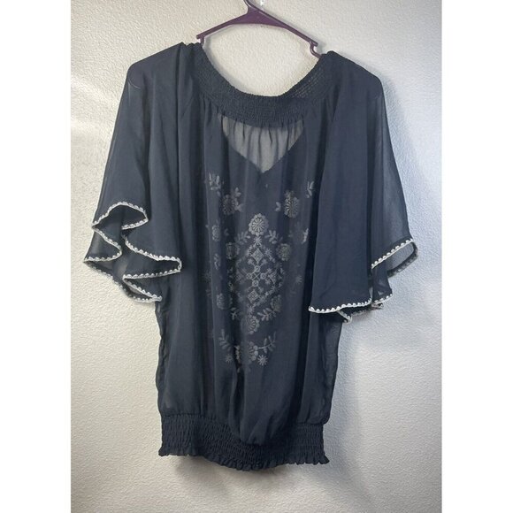 Flying Tomato Embroidered Peasant Top S Small Black Ivory Batwing Sleeve Sheer - Picture 2 of 6